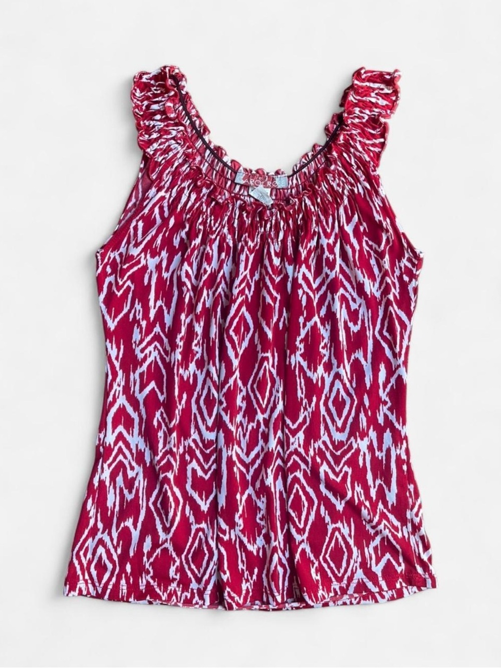 Carol Rose Red and White Patterned Y2K Tank Top w Ruffle Neckline Sz S